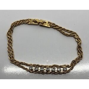 VINTAGE BEAUTIFUL FAUX 7 DIAMOND BRACELET WITH GOLD TONE CHAIN 7" Gold‎ Braided